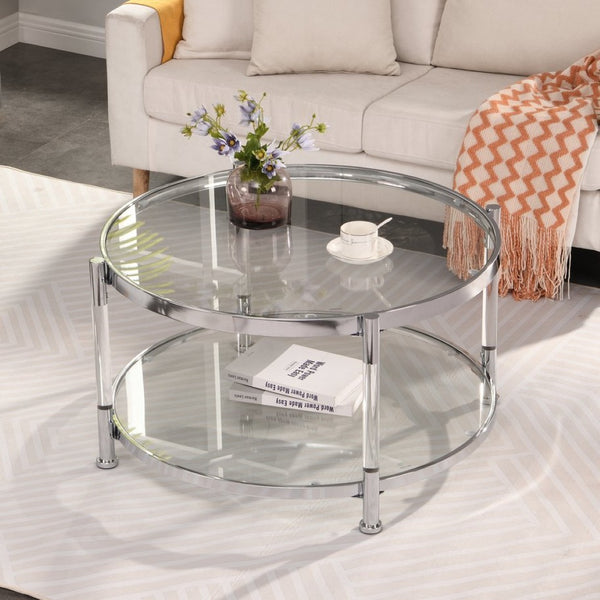 English Elm Contemporary Round Glass Coffee Table with Acrylic Legs and Chrome Frame for Living Room W82153572