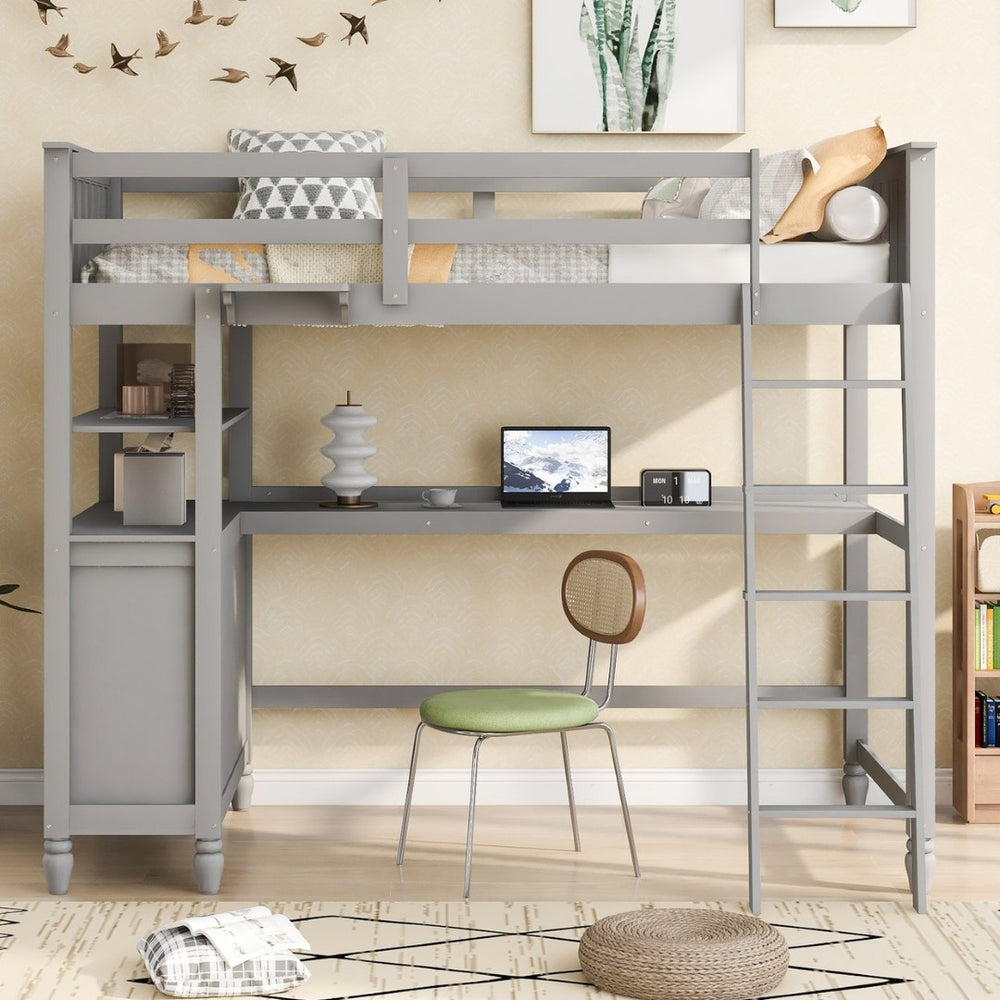 English Elm Twin Pine Wood Loft Bed with Built-in Desk Drawers and Shelf for Kids Rooms LT001530AAE-1