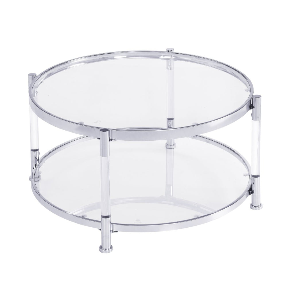 English Elm Contemporary Round Glass Coffee Table with Acrylic Legs and Chrome Frame for Living Room W82153572