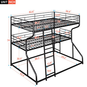 English Elm Full Triple Bunk Bed XL over Twin XL over Queen with Angled Ladder, Guardrails & Space-Saving Design Black GX000619AAB