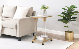 English Elm Golden Acrylic C-shaped Side Table Tempered Glass Top Rolling Casters Sofa Accent W82153574