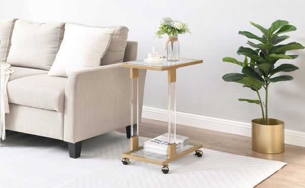 English Elm Golden Acrylic C-shaped Side Table Tempered Glass Top Rolling Casters Sofa Accent W82153574