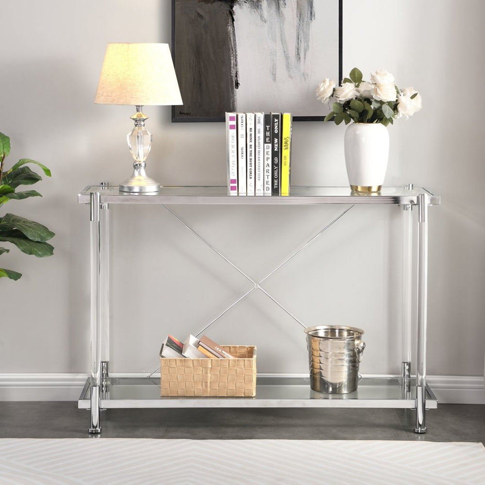 English Elm 43.31'' Two Tier Tempered Glass Console Table Chrome Acrylic Frame for Living Room W821P184417