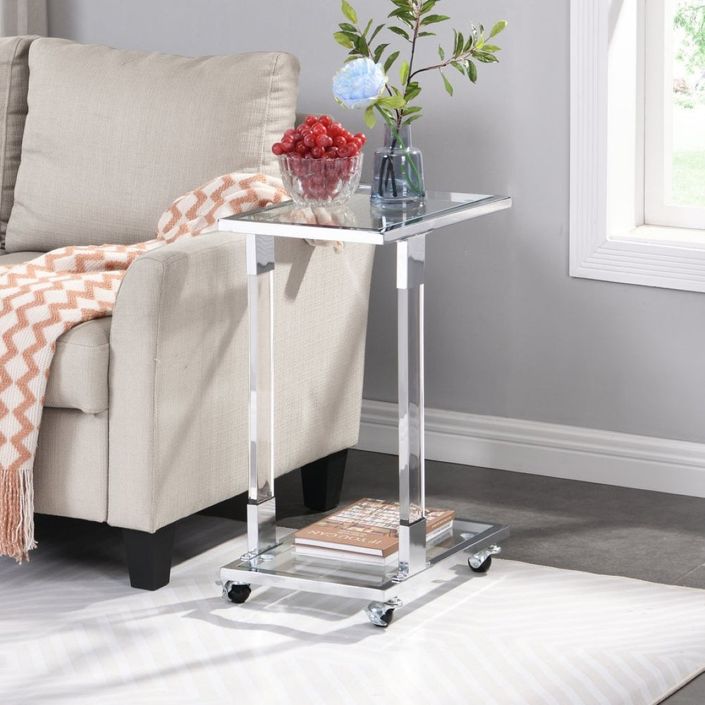 English Elm Golden Acrylic C-shaped Side Table Tempered Glass Top Rolling Casters Sofa Accent W82153573