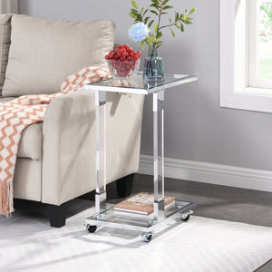 English Elm Golden Acrylic C-shaped Side Table Tempered Glass Top Rolling Casters Sofa Accent W82153573
