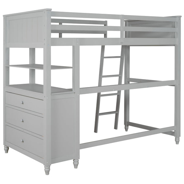 English Elm Twin Pine Wood Loft Bed with Built-in Desk Drawers and Shelf for Kids Rooms LT001530AAE-1