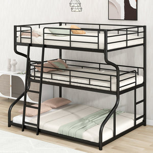 English Elm Full Triple Bunk Bed XL over Twin XL over Queen with Angled Ladder, Guardrails & Space-Saving Design Black GX000619AAB