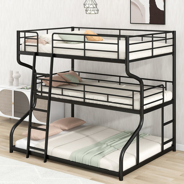 English Elm Full Triple Bunk Bed XL over Twin XL over Queen with Angled Ladder, Guardrails & Space-Saving Design Black GX000619AAB