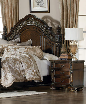 English Elm Traditional Catalonia Nightstand in Dark Cherry with Gold Tipping, 3 Drawers, Ornate Carvings & Bronze Hardware B01163511