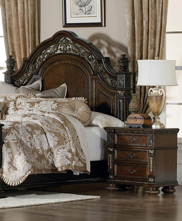 English Elm Traditional Catalonia Nightstand in Dark Cherry with Gold Tipping, 3 Drawers, Ornate Carvings & Bronze Hardware B01163511