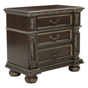 English Elm Traditional Catalonia Nightstand in Dark Cherry with Gold Tipping, 3 Drawers, Ornate Carvings & Bronze Hardware B01163511