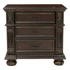 English Elm Traditional Catalonia Nightstand in Dark Cherry with Gold Tipping, 3 Drawers, Ornate Carvings & Bronze Hardware B01163511