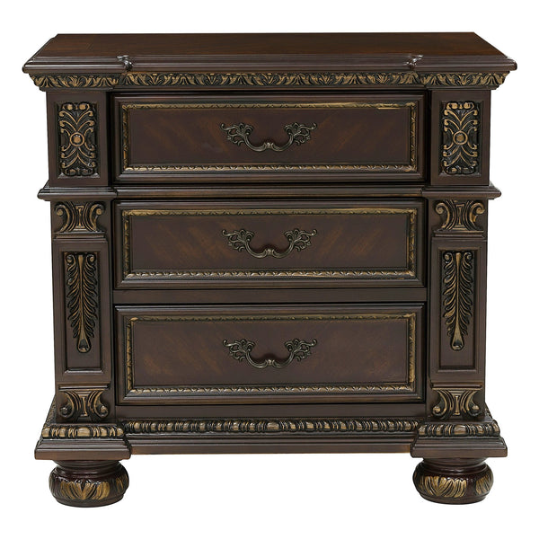 English Elm Traditional Catalonia Nightstand in Dark Cherry with Gold Tipping, 3 Drawers, Ornate Carvings & Bronze Hardware B01163511