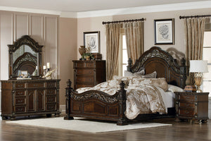 English Elm Traditional Catalonia Nightstand in Dark Cherry with Gold Tipping, 3 Drawers, Ornate Carvings & Bronze Hardware B01163511