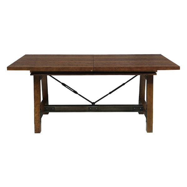 English Elm Unique Industrial Wood Framing Dining Table with Extension Leaf, Gunmetal Accents & Rustic Acacia Finish B01163512