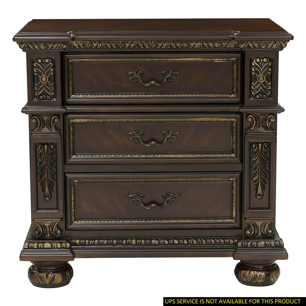 English Elm Traditional Catalonia Nightstand in Dark Cherry with Gold Tipping, 3 Drawers, Ornate Carvings & Bronze Hardware B01163511