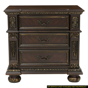English Elm Traditional Catalonia Nightstand in Dark Cherry with Gold Tipping, 3 Drawers, Ornate Carvings & Bronze Hardware B01163511