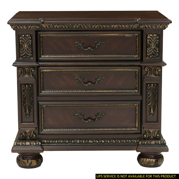 English Elm Traditional Catalonia Nightstand in Dark Cherry with Gold Tipping, 3 Drawers, Ornate Carvings & Bronze Hardware B01163511