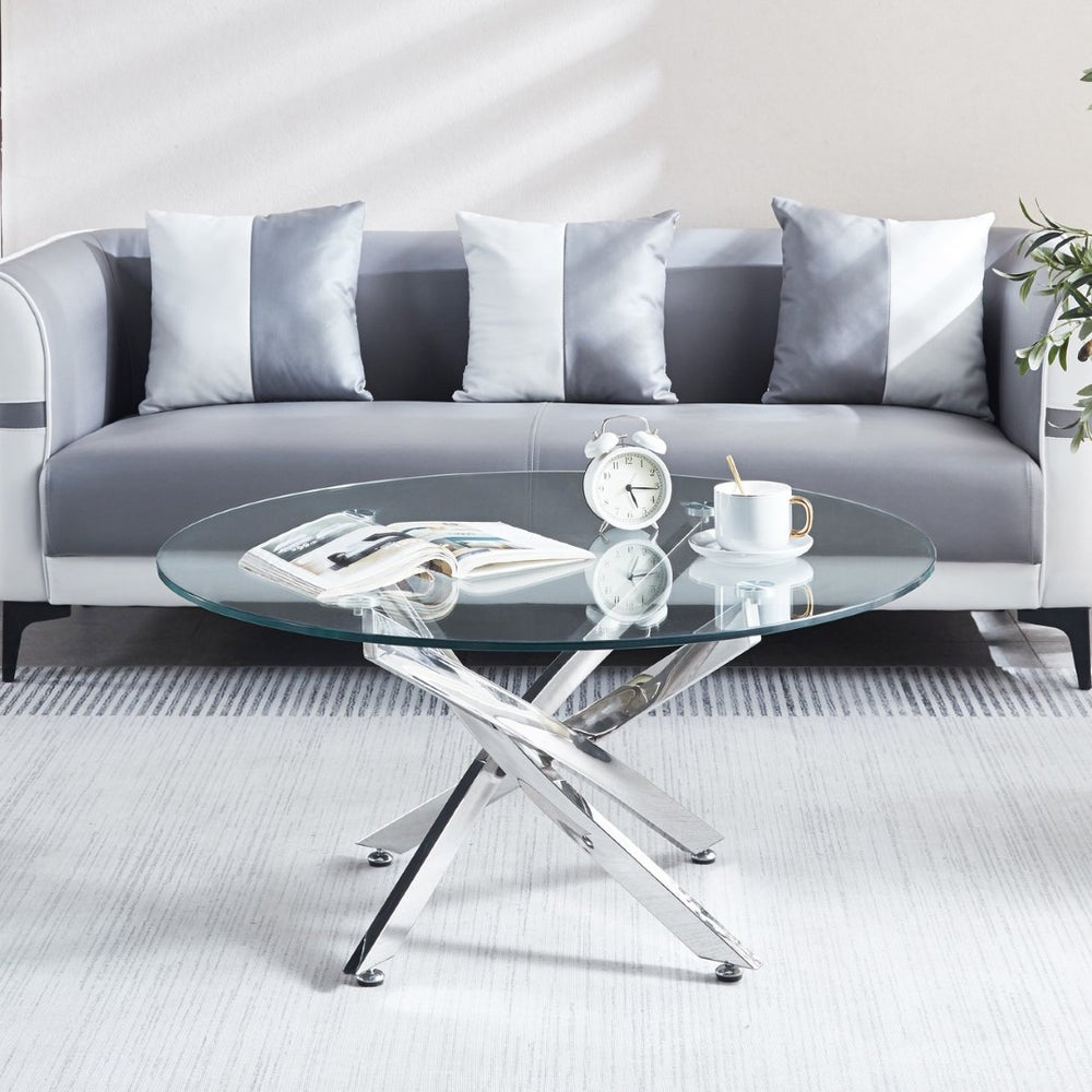 English Elm Modern Round Glass Coffee Table with Sculptural Stainless Steel Base for Living Rooms W124163590