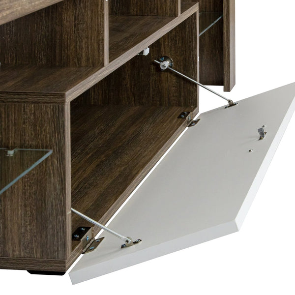English Elm 20 Modern Brown TV Stand with Toughened Glass Shelf, LED Color Lights, Brand Hardware, Adjustable Feet W67943610