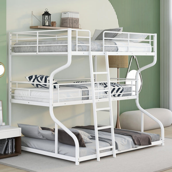 English Elm Full Triple Bunk Bed XL over Twin XL over Queen with Angled Ladder, Guardrails & Space-Saving Design White GX000619AAK