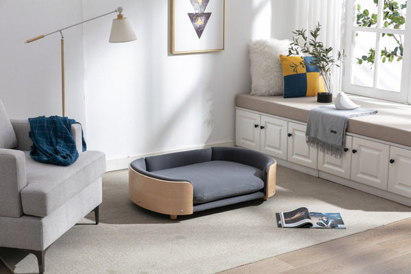 English Elm Scandinavian Mid-century Pet Sofa with Bentwood Back Solid Wood Legs Velvet Cushion W79460562