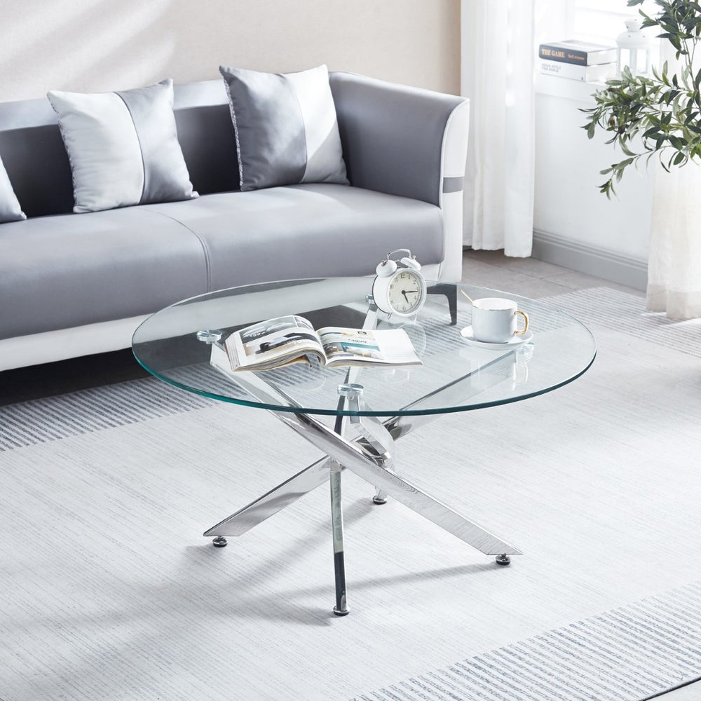 English Elm Modern Round Glass Coffee Table with Sculptural Stainless Steel Base for Living Rooms W124163590