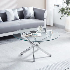 English Elm Modern Round Glass Coffee Table with Sculptural Stainless Steel Base for Living Rooms W124163590