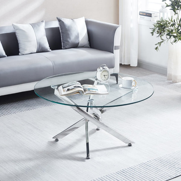 English Elm Modern Round Glass Coffee Table with Sculptural Stainless Steel Base for Living Rooms W124163590