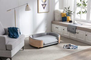 English Elm Scandinavian Mid-century Pet Sofa with Bentwood Back Solid Wood Legs Velvet Cushion Light Grey W79460561