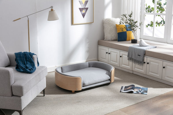 English Elm Scandinavian Mid-century Pet Sofa with Bentwood Back Solid Wood Legs Velvet Cushion Light Grey W79460561