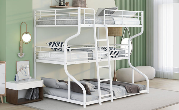 English Elm Full Triple Bunk Bed XL over Twin XL over Queen with Angled Ladder, Guardrails & Space-Saving Design White GX000619AAK