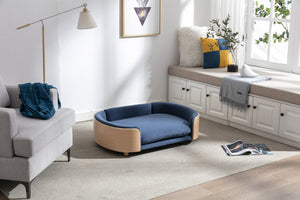 English Elm Scandinavian Mid-century Pet Sofa with Bentwood Back Solid Wood Legs Velvet Cushion Dark Blue W79460563