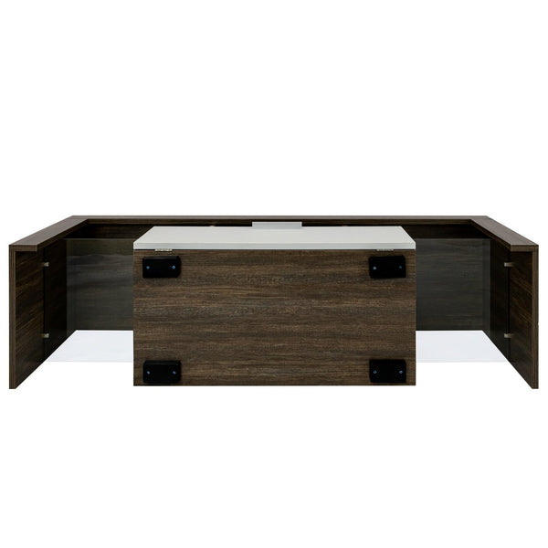 English Elm 20 Modern Brown TV Stand with Toughened Glass Shelf, LED Color Lights, Brand Hardware, Adjustable Feet W67943610