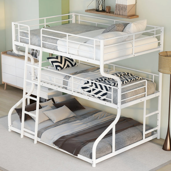 English Elm Full Triple Bunk Bed XL over Twin XL over Queen with Angled Ladder, Guardrails & Space-Saving Design White GX000619AAK
