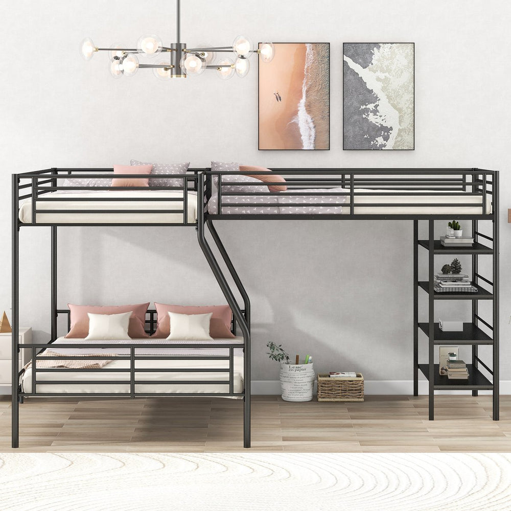 English Elm L-Shaped Metal Twin over Full Bunk Bed with Twin Loft, 4 Built-In MDF Shelves, Black, Space-Saving Design GX000617AAB