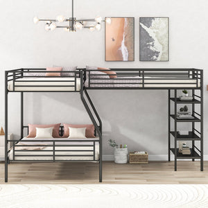 English Elm L-Shaped Metal Twin over Full Bunk Bed with Twin Loft, 4 Built-In MDF Shelves, Black, Space-Saving Design GX000617AAB