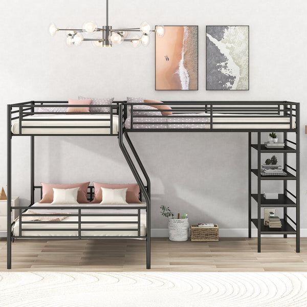English Elm L-Shaped Metal Twin over Full Bunk Bed with Twin Loft, 4 Built-In MDF Shelves, Black, Space-Saving Design GX000617AAB