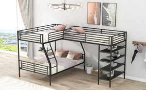 English Elm L-Shaped Metal Twin over Full Bunk Bed with Twin Loft, 4 Built-In MDF Shelves, Black, Space-Saving Design GX000617AAB