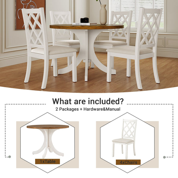 English Elm TOPMAX Mid-Century 5-Piece Round Dining Set for 4 — Walnut Table, Beige Upholstered Cross-Back Chairs SH000226AAD