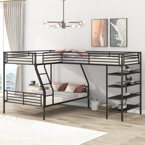 English Elm L-Shaped Metal Twin over Full Bunk Bed with Twin Loft, 4 Built-In MDF Shelves, Black, Space-Saving Design GX000617AAB
