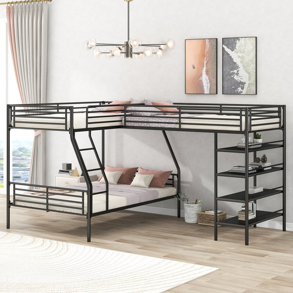 English Elm L-Shaped Metal Twin over Full Bunk Bed with Twin Loft, 4 Built-In MDF Shelves, Black, Space-Saving Design GX000617AAB