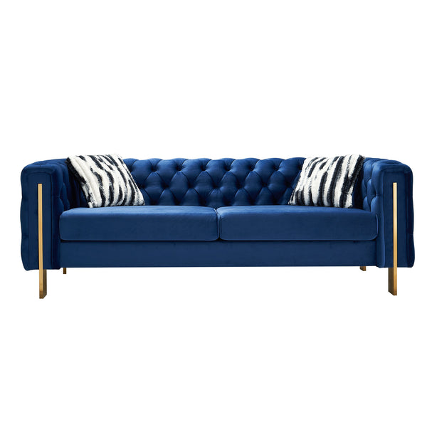 English Elm Chesterfield Modern Tufted Velvet Sofa, 69" Compact Blue Couch with Gold Legs, Stylish Accent Piece W57953711