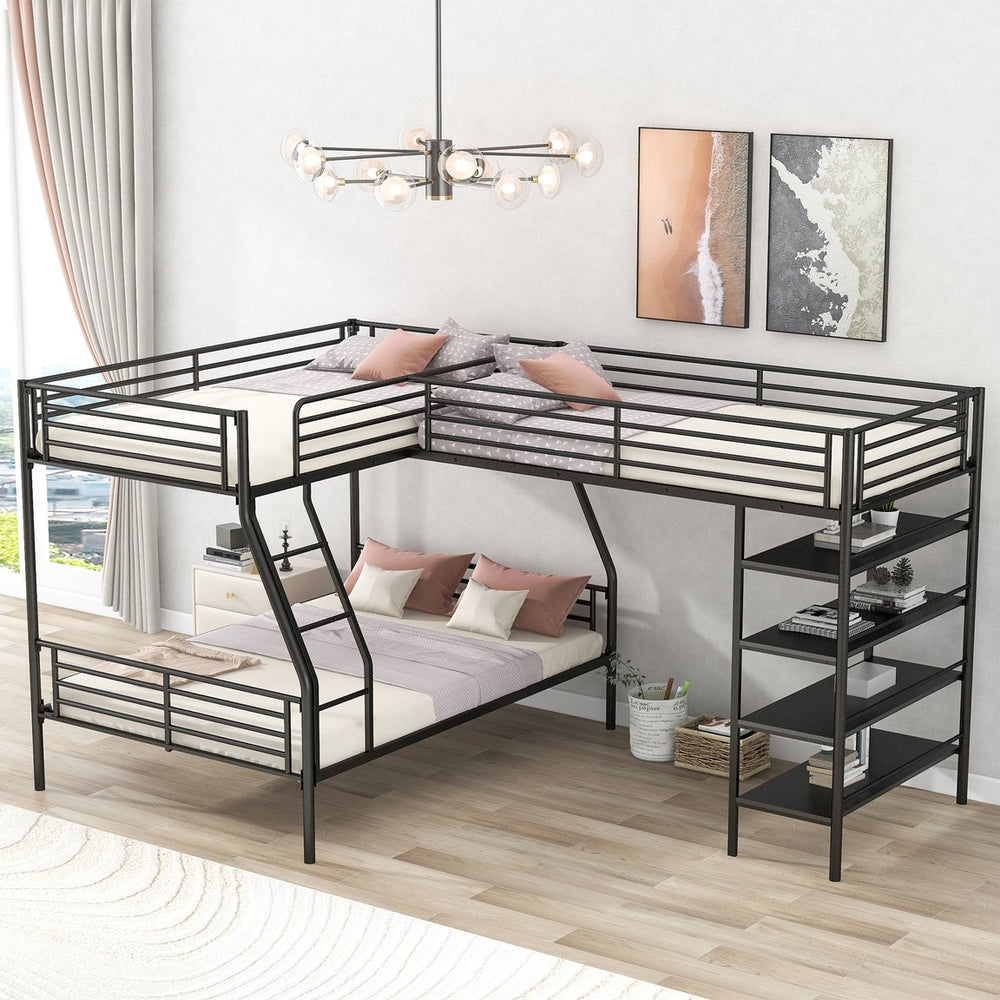 English Elm L-Shaped Metal Twin over Full Bunk Bed with Twin Loft, 4 Built-In MDF Shelves, Black, Space-Saving Design GX000617AAB