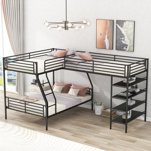 English Elm L-Shaped Metal Twin over Full Bunk Bed with Twin Loft, 4 Built-In MDF Shelves, Black, Space-Saving Design GX000617AAB