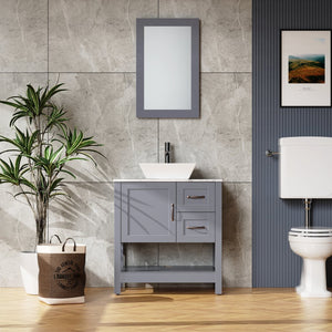 English Elm 30" Dark Hydron Blue Bathroom Vanity Combo with Marble-Pattern Top, Mirror, Faucet, Oil-Proof Coating W1223S00002