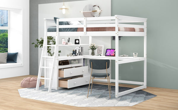English Elm Full Full Size Loft Bed with Desk, Shelves and Two Storage Drawers – Solid Pine Craft, Modern Design White GX000416AAK
