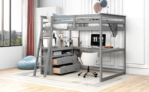 English Elm Full Full Size Loft Bed with Desk, Shelves and Two Storage Drawers – Solid Pine Craft, Modern Design Gray GX000416AAE