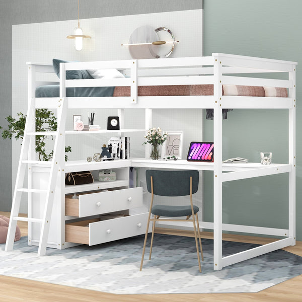 English Elm Full Full Size Loft Bed with Desk, Shelves and Two Storage Drawers – Solid Pine Craft, Modern Design White GX000416AAK