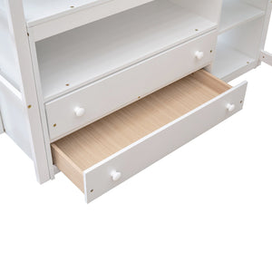 English Elm Full Full Size Loft Bed with Desk, Shelves and Two Storage Drawers – Solid Pine Craft, Modern Design White GX000416AAK